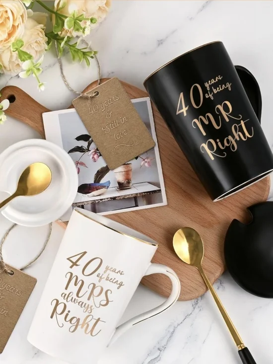 40th Anniversary Coffee Mug Set - Black & White with Gold Script - Picture 4 of 7